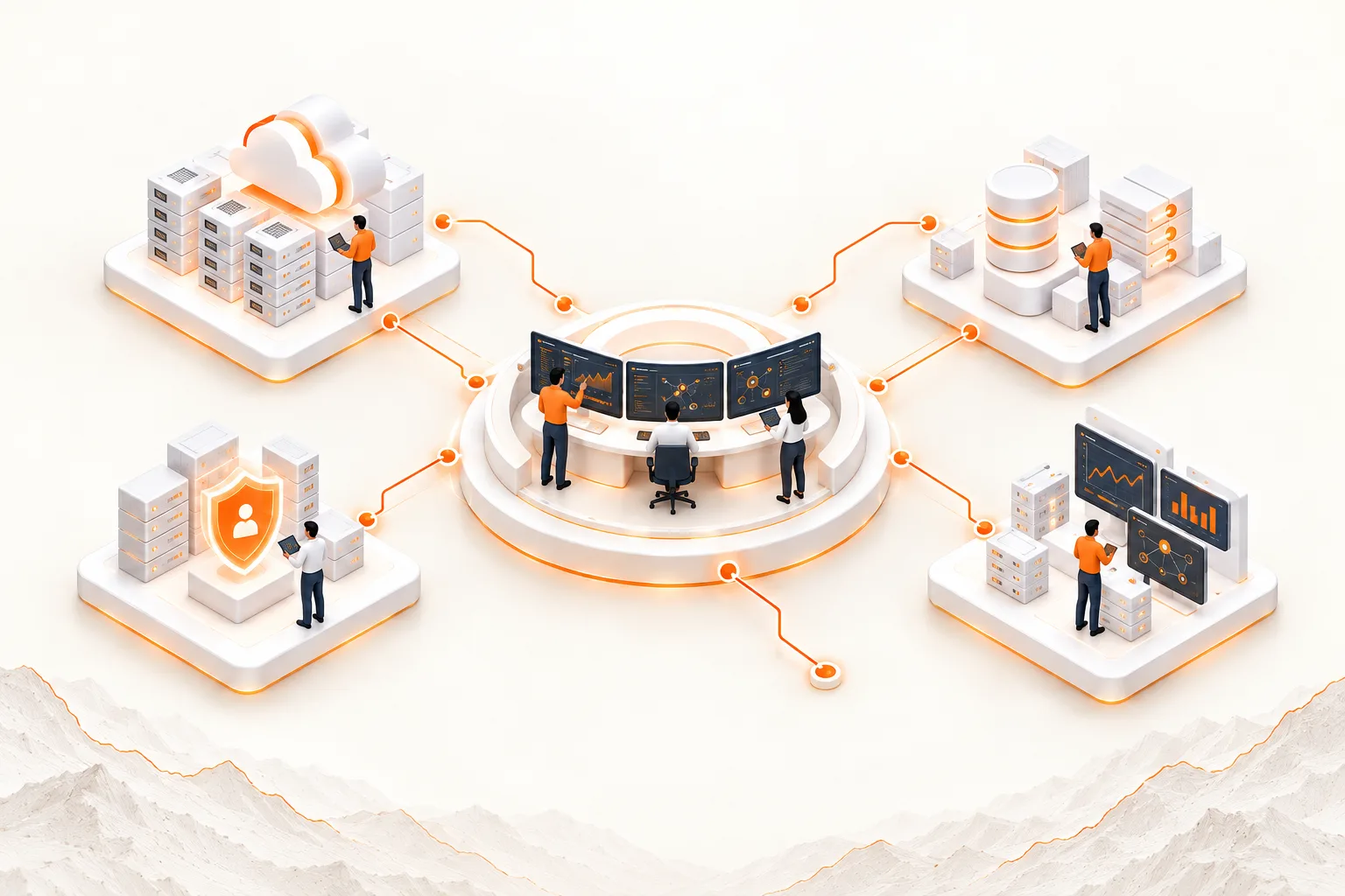 Conceptual illustration of engineers reviewing evidence across cloud, data, access, and observability dependencies.